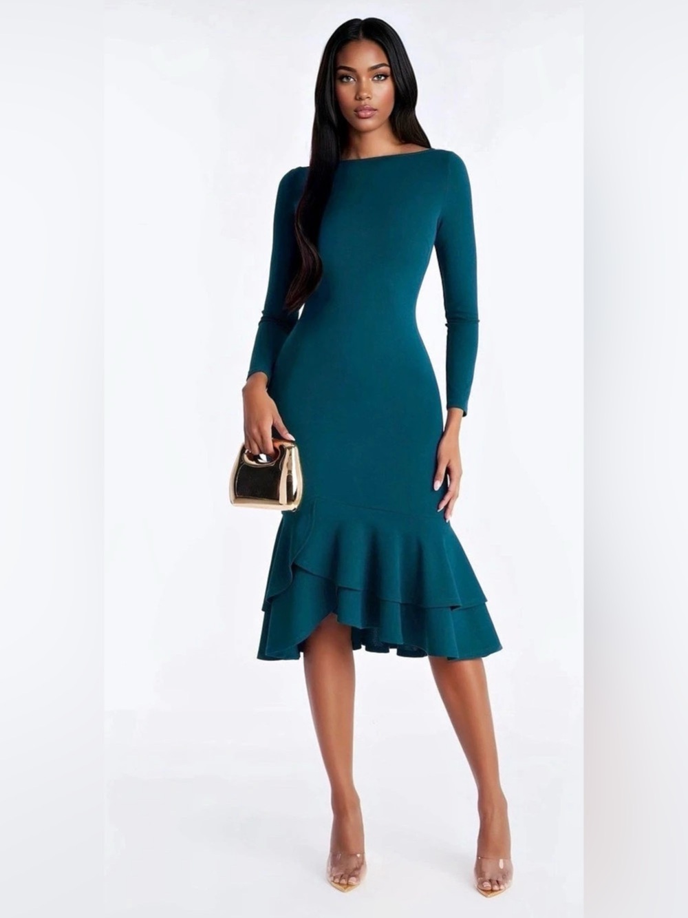 Fashion Nova Bianca Peplum Midi Dress Hunter Green Long Sleeve 1X Plus